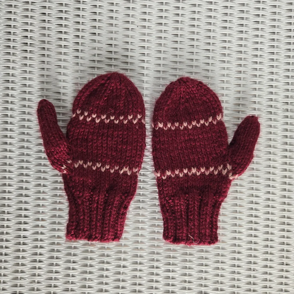 Hand-Knit Red and White Striped Mittens
